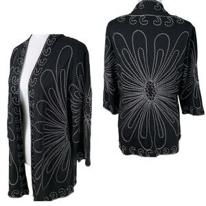 NEW Lauren Michelle Size L Embroidered Cardigan Black White Open Front